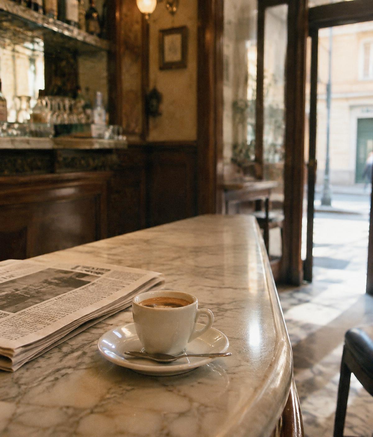 Un espresso sul banco di marmo di un bar, accanto al giornale del mattino