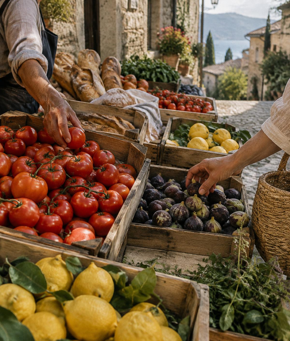Banco di un mercato con pomodori maturi, fichi, limoni e pane appena sfornato